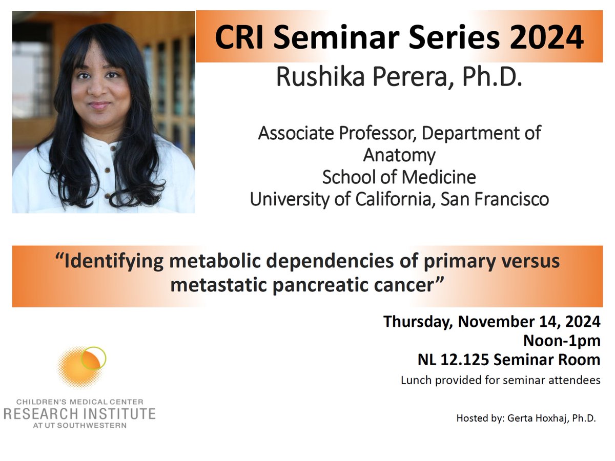 Gerta Hoxhaj Lab (@gerta_hoxhaj) on Twitter photo We are excited to host the incredible <a href="/rushika_perera/">Rushika M. Perera</a> at <a href="/CRI_UTSW/">Children’s Research Institute at UT Southwestern</a>! Don't miss her talk on 'Metabolic Dependencies of Metastatic Pancreatic Cancer' this Thursday, Nov 14, from 12–1 pm at NL 12.125. We are excited to host the incredible <a href="/rushika_perera/">Rushika M. Perera</a> at <a href="/CRI_UTSW/">Children’s Research Institute at UT Southwestern</a>! Don't miss her talk on 'Metabolic Dependencies of Metastatic Pancreatic Cancer' this Thursday, Nov 14, from 12–1 pm at NL 12.125.