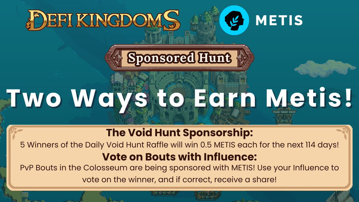 TWO WAYS TO EARN METIS!

Looking to win METIS? In collaboration with <a href="/MetisL2/">Metis🌿</a>, it's more possible than ever! Right now, METIS rewards are being given out in both PvE Void Hunts and the PvP Colosseum! Hunt, battle friends, or spectate Bouts with Influence to win!