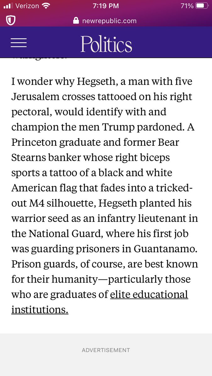 HuntClancy's tweet photo. i wrote a little about Pete Hegseth for @newrepublic five years ago ; TLDR he’s a weirdly tatted Guantanamo prison guard who likes &amp; champions soldiers who shoot civilians indiscriminately, so I imagine the Israeli military is thrilled with the choice https://t.co/6Qqpd5NZWE https://t.co/6ElUwyWMEq