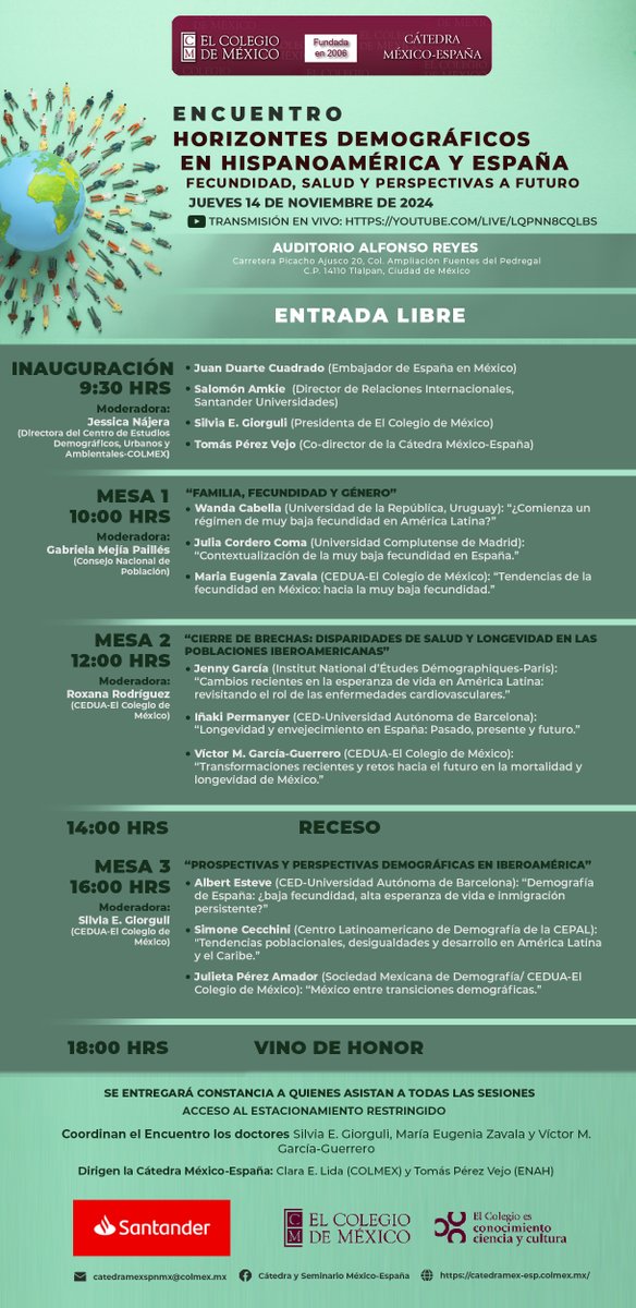 CEHColmex's tweet image. La Cátedra México-España invita al Encuentro:

&quot;Horizontes demográficos en Hispanoamérica y España: Fecundidad, salud y perspectivas a futuro&quot;

📅 JUEVES 14 DE NOVIEMBRE 2024
⏰ 09:30 A 18:00
📌 Sala Alfonso Reyes, @elcolmex 

El CEH y el @CEDUAcolmex invitan