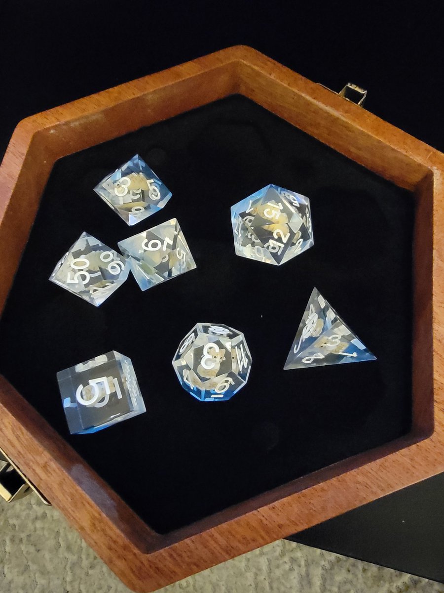 DarkIceDrake's tweet photo. @GamersNexus got the Snowflake dice tosay. Hopefully the dice help me with my current DnD character, whose name is Snow and is a Tabaxi thats model off one of my cats lol https://t.co/GI9VzpIYQZ