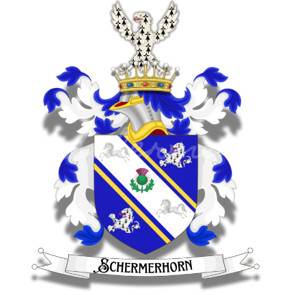 Redesign of the Schermerhorn Coat of Arms
Adopted In 1660, Redesigned in 1870s
Features information on our past from Scotland and then our emigration to the Netherlands and then to New Netherlands in the 1660s.