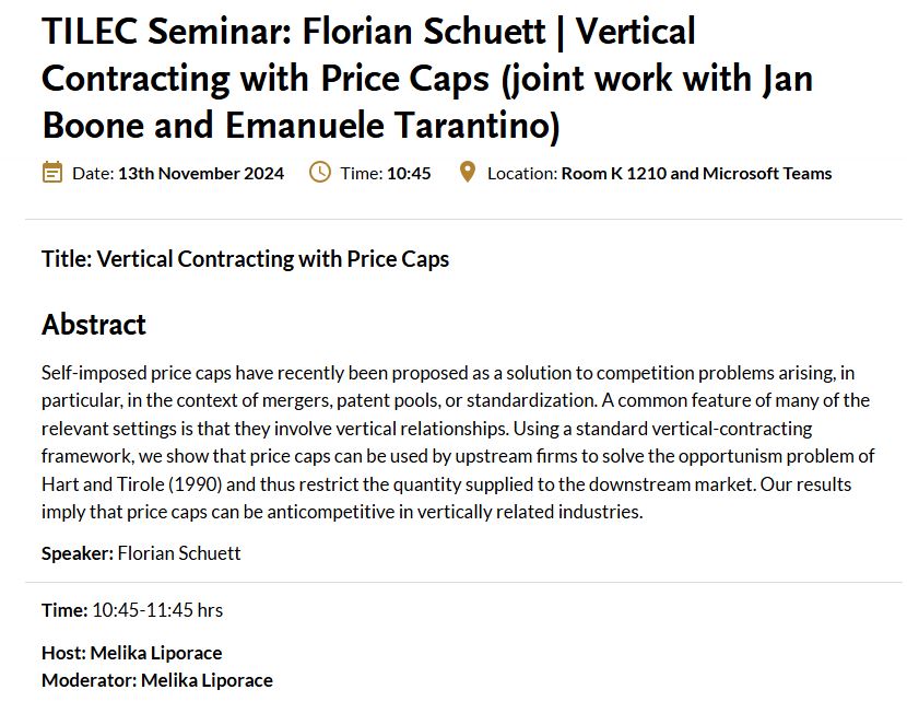 TILEC (@tilec1) on Twitter photo Don't forget to tune in to the upcoming #TILECSeminar by Florian Schuett (<a href="/flowtsen/">Florian Schuett</a>) on Vertical Contracting with Price Caps (joint work with Jan Boone and Emanuele Tarantino).
📜:tilburguniversity.edu/research/insti…
#research #researchhighlight #upcoming Don't forget to tune in to the upcoming #TILECSeminar by Florian Schuett (<a href="/flowtsen/">Florian Schuett</a>) on Vertical Contracting with Price Caps (joint work with Jan Boone and Emanuele Tarantino).
📜:tilburguniversity.edu/research/insti…
#research #researchhighlight #upcoming