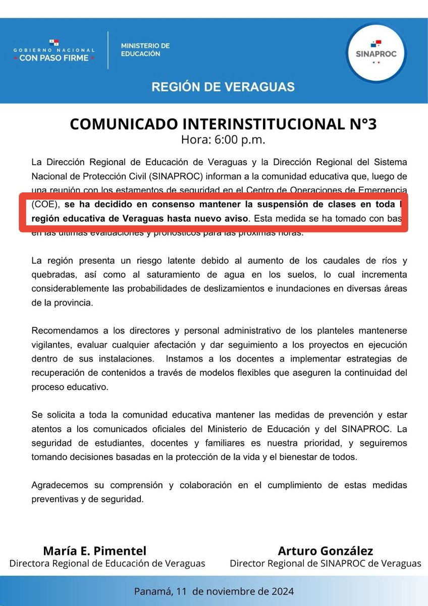 IMPORTANTE! Autoridades del Meduca #Veraguas me confirman que se mantiene vigente este comunicado y clases presenciales en esta región siguen suspendidas hasta nuevo aviso. Algunos colegios han decidido alternativas virtuales para reanudar jornadas.