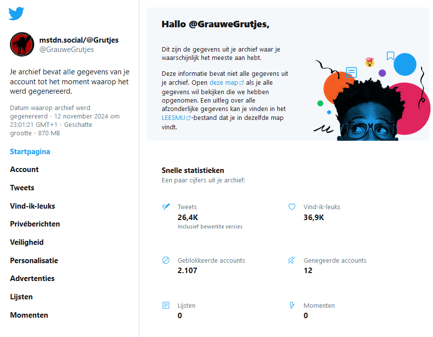 We hebben hier 26,4K berichtjes getikt.
26.400 tweets!

Morgen nemen we afscheid van dit extreemrechtse riool. Nu Musk zijn nazi-AI ook zónder toestemming op je posts gaat trainen is het klaar.

Op naar Mastodon.