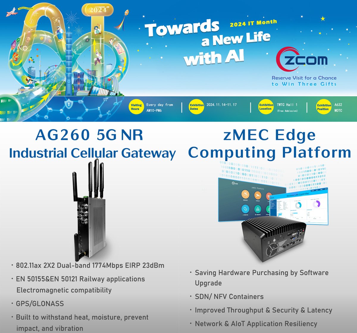 ZComGlobal1's tweet image. Visitors will discover Z-COM's innovations in the Danhai LRT and urban transport, including pantograph wear detection and foreign object monitoring, highlighting real-time safety measures.
📍11/14-17 TWTC Hall 1 #ITmonth
📍Booth: A632 
 #ZCOM #5G #AI #LRT #pantograph #Invehicle