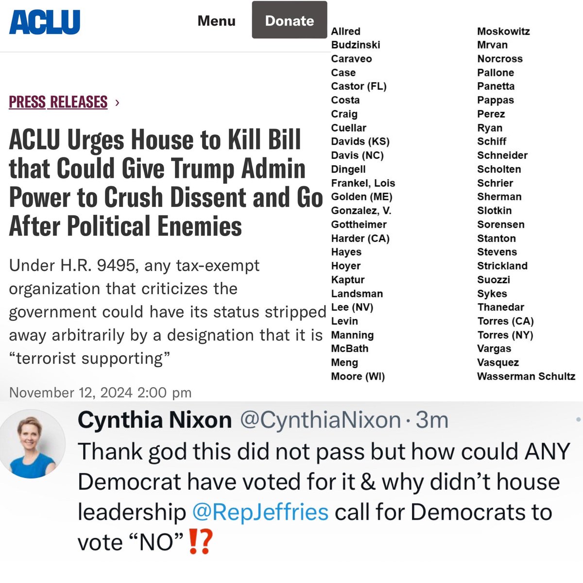 UPDATE: This bad bill failed today (for now), but here are the 52 Dems that joined Republicans in voting to give Trump the power to crush dissent by declaring any org “terrorist supporting”👇🏽

The <a href="/ACLU/">ACLU</a> came out against it: aclu.org/press-releases…