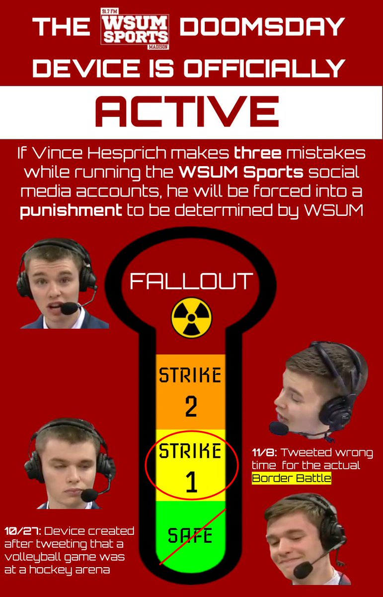 WSUM Sports (@wsum_sports) on Twitter photo WSUM Sports is embarrassed to report that both times in our <a href="/BadgerMHockey/">Wisconsin Hockey</a> vs <a href="/GopherHockey/">Minnesota Men’s Hockey</a> graphic were incorrect. The repeated incompetence from social media manager <a href="/VinceHesprich/">Vincent Hesprich</a> has forced us toward disciplinary maneuvers designed to ensure higher journalistic standards. WSUM Sports is embarrassed to report that both times in our <a href="/BadgerMHockey/">Wisconsin Hockey</a> vs <a href="/GopherHockey/">Minnesota Men’s Hockey</a> graphic were incorrect. The repeated incompetence from social media manager <a href="/VinceHesprich/">Vincent Hesprich</a> has forced us toward disciplinary maneuvers designed to ensure higher journalistic standards.