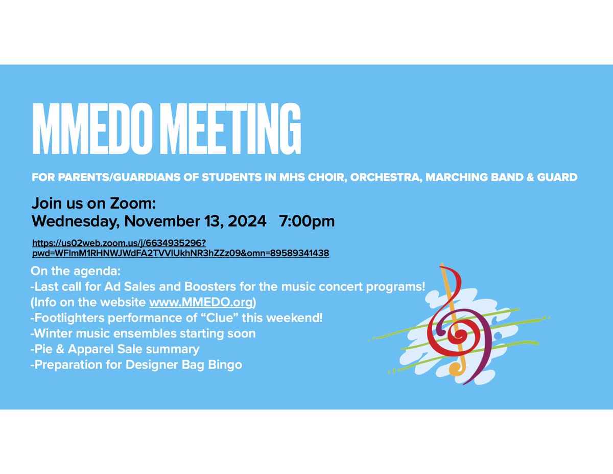 MMEDE Meeting November 13, 2024 at 7pm via Zoom: 
us02web.zoom.us/j/6634935296?p…
If you have a child in any of the music programs at Metuchen High School, please join us and get involved!