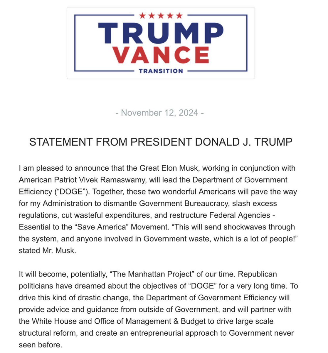So is Trump creating a new government agency to be headed by Musk and Vivek, or is this some kind of informal arrangement? Is this a position that requires confirmation? A budget? Staff? Is there oversight? Do ethics and disclosure rules apply? Like outside political activity?
