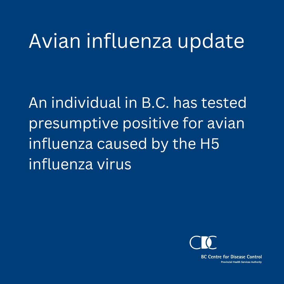 BC Centre for Disease Control (@cdcofbc) on Twitter photo BC identified a presumptive positive case of H5 avian influenza in a person over the weekend. Samples have been sent to the National Microbiology Laboratory for confirmatory testing and further analysis.
1/3 BC identified a presumptive positive case of H5 avian influenza in a person over the weekend. Samples have been sent to the National Microbiology Laboratory for confirmatory testing and further analysis.
1/3