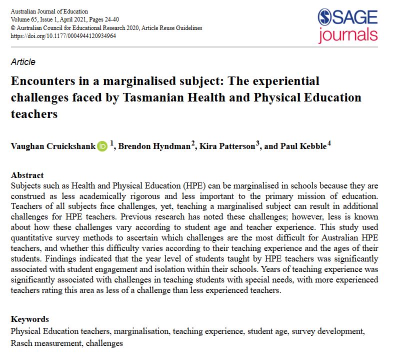 Encounters in a marginalised subject: The experiential challenges faced by #TasmanianHealth and #PhysicalEducation teachers. <a href="/VornC/">Vorn C</a> <a href="/dr_bph/">Brendon Hyndman</a> <a href="/Patterson_Kira/">Kira Patterson</a> <a href="/paulkeb1/">paulkeb</a> <a href="/UTAS_/">University of Tasmania</a> <a href="/CurtinUni/">Curtin University</a> 2021 paper is #FreeToRead in November’s collection on #PhysicalActivity brnw.ch/21wOAd4