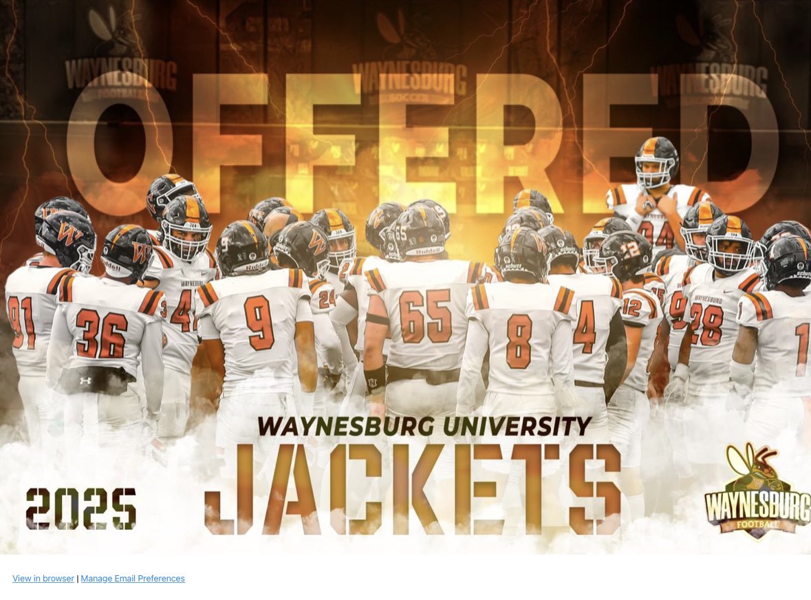 Blessed to have received an official offer from <a href="/Waynesburg_FTBL/">Waynesburg Football</a>.
<a href="/ZackWindsor1/">Zack Windsor</a> <a href="/TeamSwann5/">Coach Swann</a> <a href="/tj_football/">Governor Thomas Johnson Football</a>