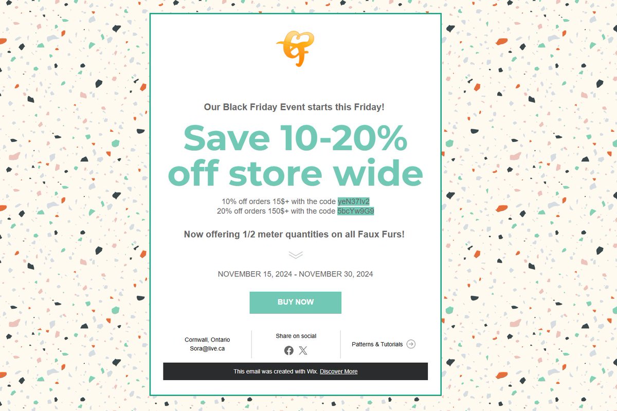 Our Black Friday Event Starts this Friday! But more importantly, we're now offering 1/2 meter quantities on all faux furs! Allowing more flexibility when ordering. =)