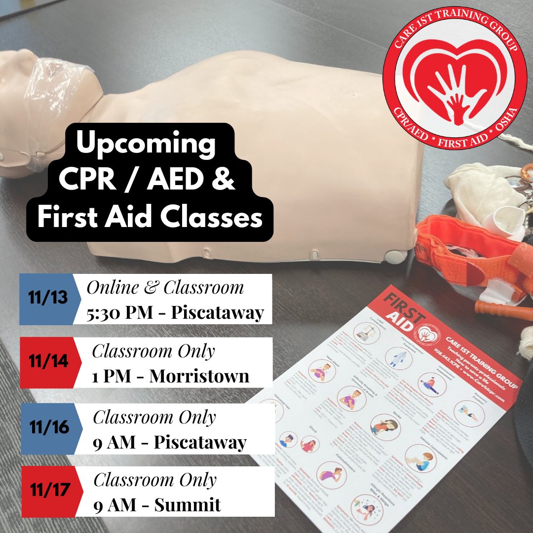 Care1stCPR's tweet image. 🚨 Ready to learn life-saving skills? Join one of our upcoming CPR/AED &amp;amp; First Aid classes! Gain the confidence and knowledge to make a difference in an emergency. 🩺 Secure your spot today! #Care1stCPR #Care1stTrainingGroup #LearnToSaveLives