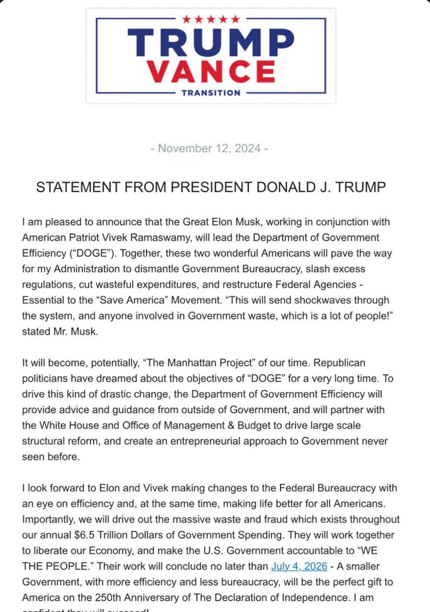 BREAKING: Donald Trump announces that Elon Musk and Vivek Ramaswamy will head a new Department of Government Efficiency. Their mission: to “dismantle government bureaucracy, reduce excess regulations, eliminate wasteful spending, and reorganize federal agencies.”