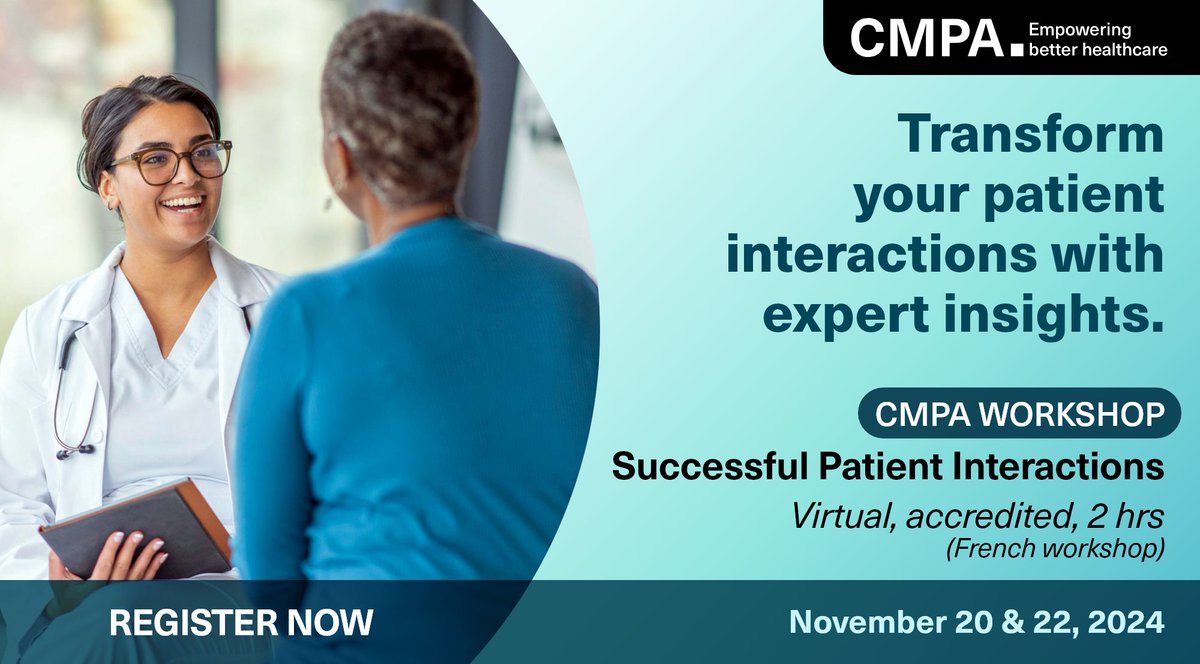 CMPAmembers's tweet image. Join our workshop Successful Patient Interactions &amp;amp; get tools to communicate efficiently.

Register today to reduce your medico-legal risk &amp;amp; improve your practice! 

🔗 ow.ly/ut9g50TptYk (French workshop)

#Ptsafety #MedEd #MedTwitter