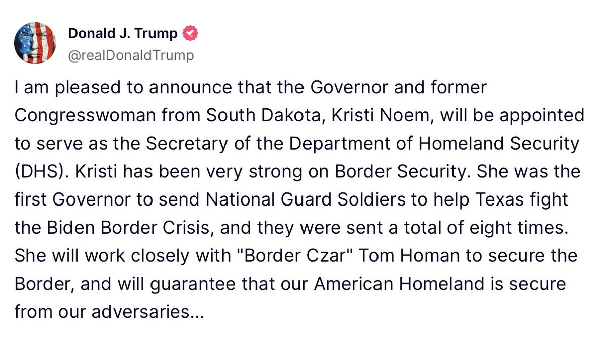 BREAKING: President Trump to appoint South Dakota Governor Kristi Noem to serve as Secretary of the Department of Homeland Security. 

Congratulations to <a href="/KristiNoem/">Kristi Noem</a>!!