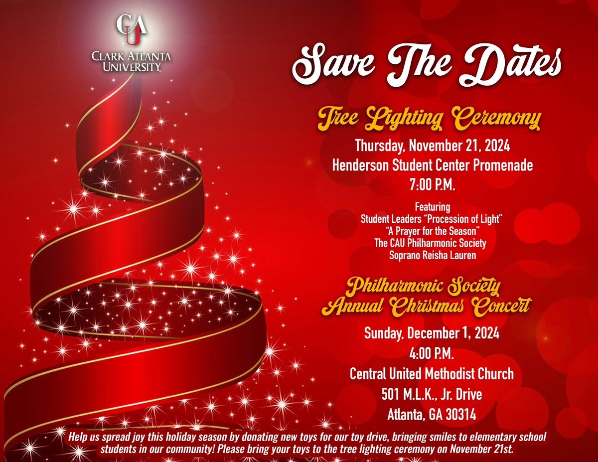 🎄✨SAVE THE DATES! Join us for CAU’s Tree Lighting Ceremony on Nov 21st at 7PM featuring student leaders &amp; CAU Philharmonic Society. 🎶 Don’t miss our Christmas Concert Dec 1st, 4PM at Central United Methodist Church. Bring a toy for our drive &amp; spread joy! #CAU