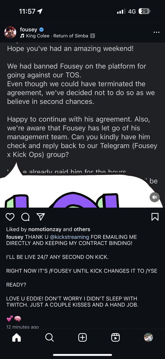KickStreamingz's tweet photo. @fousey ‘s Recently deleted instagram post

stating that his kick contract is still valid
And will continue his 24/7 stream 🤯🤯

#fousey  #kick https://t.co/XMdMmfkf4d
