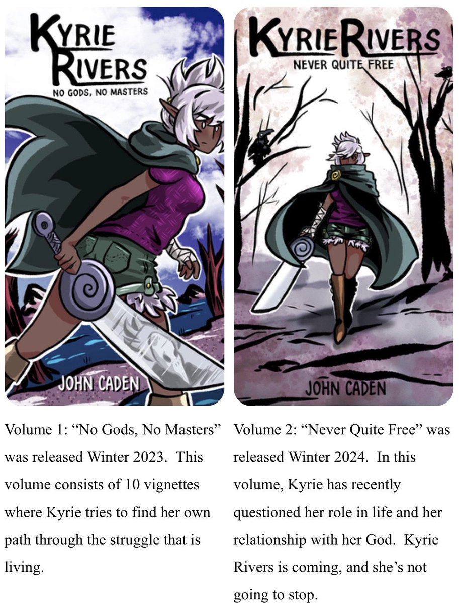 JohnCaden64's tweet image. Hi!- I draw the Kyrie Rivers series - about an elf who kills people for her god. LGBTQ themes throughout. If you enjoy my Lucina or 2B art you will like these books. Vol 1 and 2 are out now and vol 3 coming in 2025. Preview pages on my website (see link in bio)