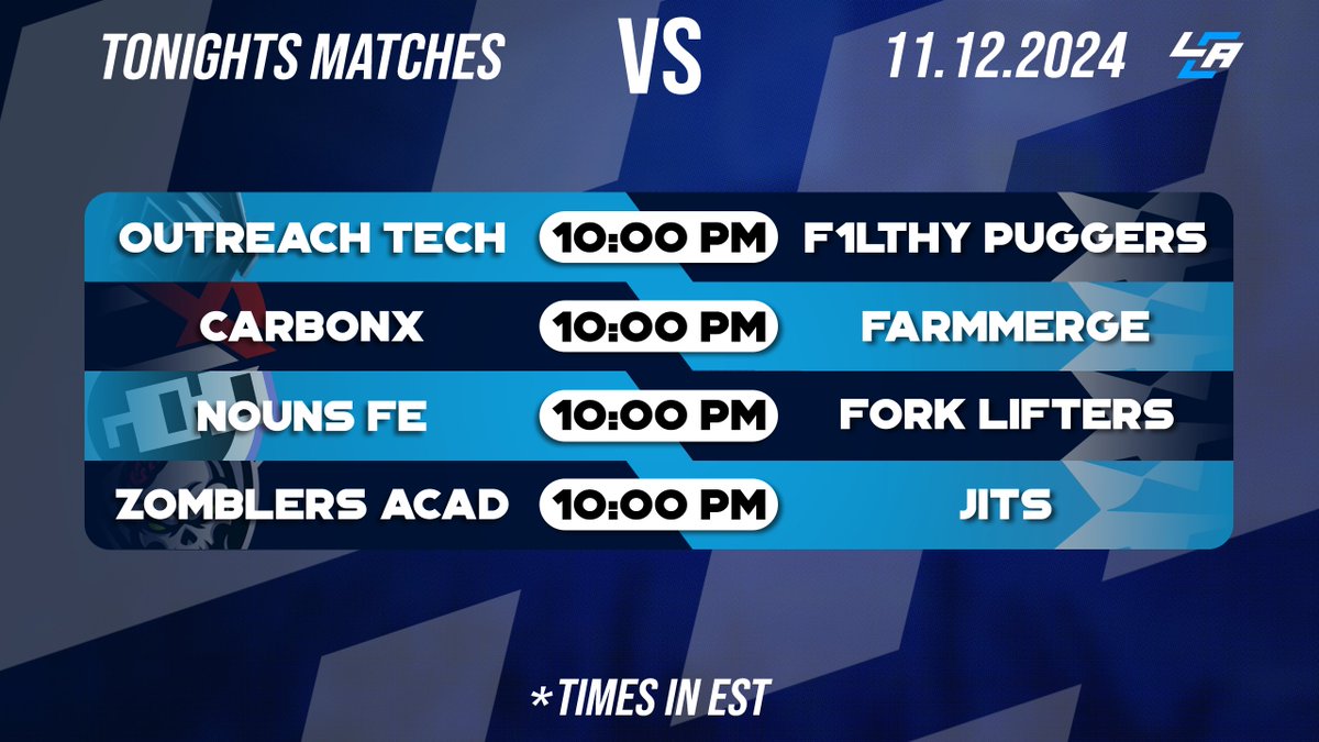 🚨 Tonight's Matches Covered by LCA!🚨

⚔️ #OutreachTech VS #F1lthyPuggers
🎙️ <a href="/cashmmt/">CashMMT</a> &amp; <a href="/TheWillyN/">Willy</a> 

⚔️ <a href="/CarbonX_GG/">CarbonX</a> VS #FarmMerge
🎙️ <a href="/Amaster15/">andrew hallman</a> 

⚔️ <a href="/nounsfe/">nouns.fe ⌐◧w◨</a> VS #ForkLifters
🎙️ <a href="/cernersandals/">Conner Rhodes</a> 

⚔️ <a href="/Zomblers/">Zomblers LLC</a> Acad. VS #Jits
🎙️ <a href="/AllinGaming23/">AllinGaming</a> 

🔗: IN REPLIES