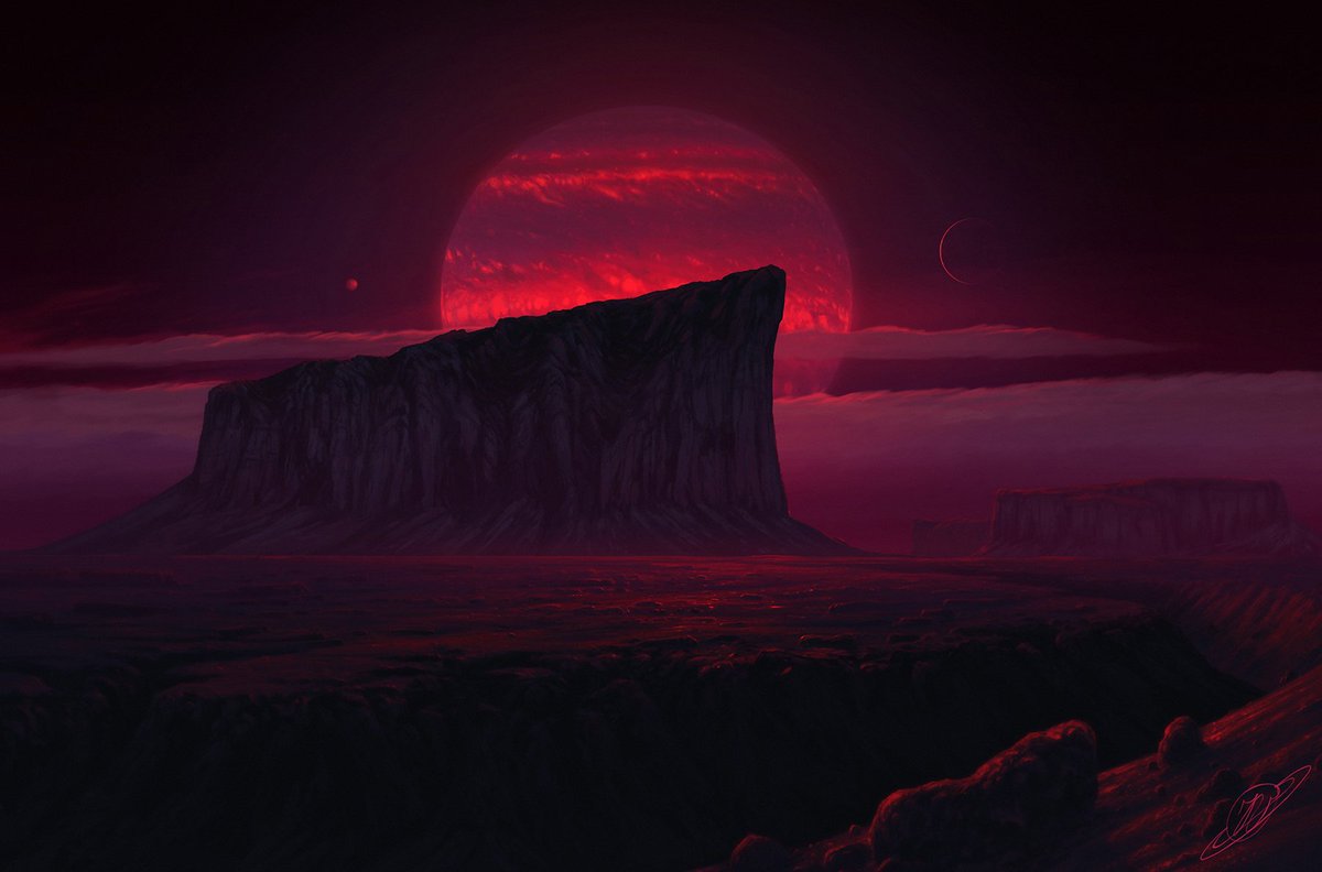 Brown dwarf dimly glows in the sky of one of it's planets.