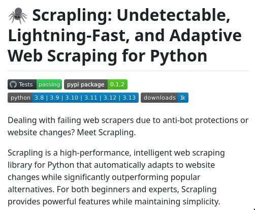tom_doerr's tweet image. &quot;Undetectable, Lightning-Fast, and Adaptive Web Scraping for Python&quot;