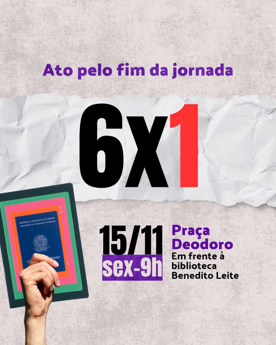 📣 Alô, São Luís! Na esteira da mobilização nacional da campanha pelo fim da escala 6x1, realizaremos um ato/panfletagem no próximo dia 15 (sexta-feira). Vamos juntos! #VidaAlémdoTrabalho #Vat #pelofimdaescala6X1