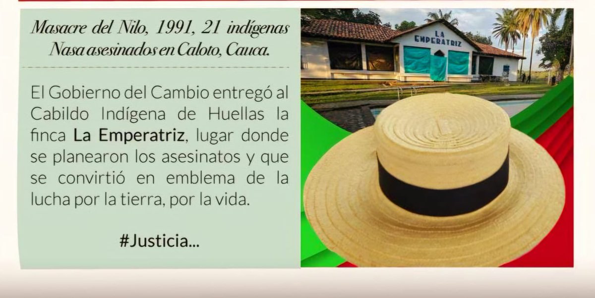 La Corte Interamericana de DH declaró responsable al Estado por masacre de 20 indigenas en hacienda el Nilo. Este mes gobierno Petro devolvió a los NASA finca Emperatriz, donde militares y paramilitares planearon la masacre. <a href="/petrogustavo/">Gustavo Petro</a> <a href="/CRIC_Cauca/">Consejo Regional Indígena del Cauca (CRIC)</a> <a href="/nelsonjvt/">Nelson J. Vásquez Torres</a>