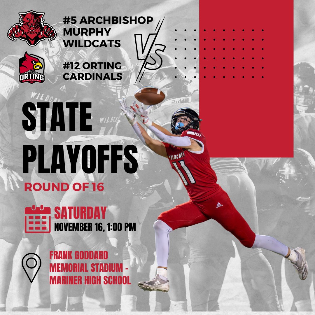 Wildcat football defeated the Bremerton Knights 59-7 on Saturday to advance to the state playoff round of 16! They will face #12 seeded Orting Cardinals at 1 PM at Goddard Stadium in Everett. Come out, be loud, and cheer on your Wildcats! 🏈