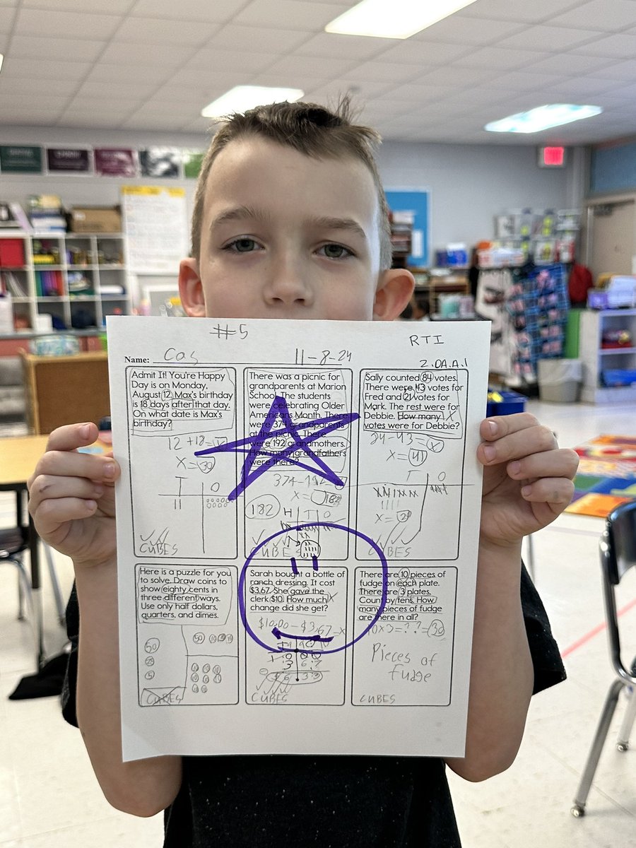 This is what success looks like when a scholar owns their learning. Zoom in on his work. His evidence is abundant and failure was not an option. Self confidence, pride, and believing in himself were the lessons he learned today. Every child, every day! <a href="/WBESbears/">Willow Brook Elementary School</a> <a href="/ORSchools/">Oak Ridge Schools</a>
