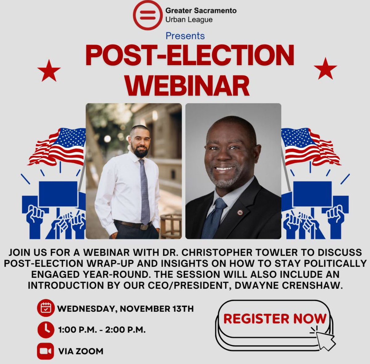 At the risk of sounding cliche - the work doesn’t stop here &amp; for many of us, local elections in 2025 will be just as consequential. Please join me &amp; <a href="/GreaterSacUL/">Greater Sacramento Urban League</a> to wrap-up the election &amp; discuss ways to stay engaged year round.

Register here 👇🏽👇🏽👇🏽
us02web.zoom.us/webinar/regist…