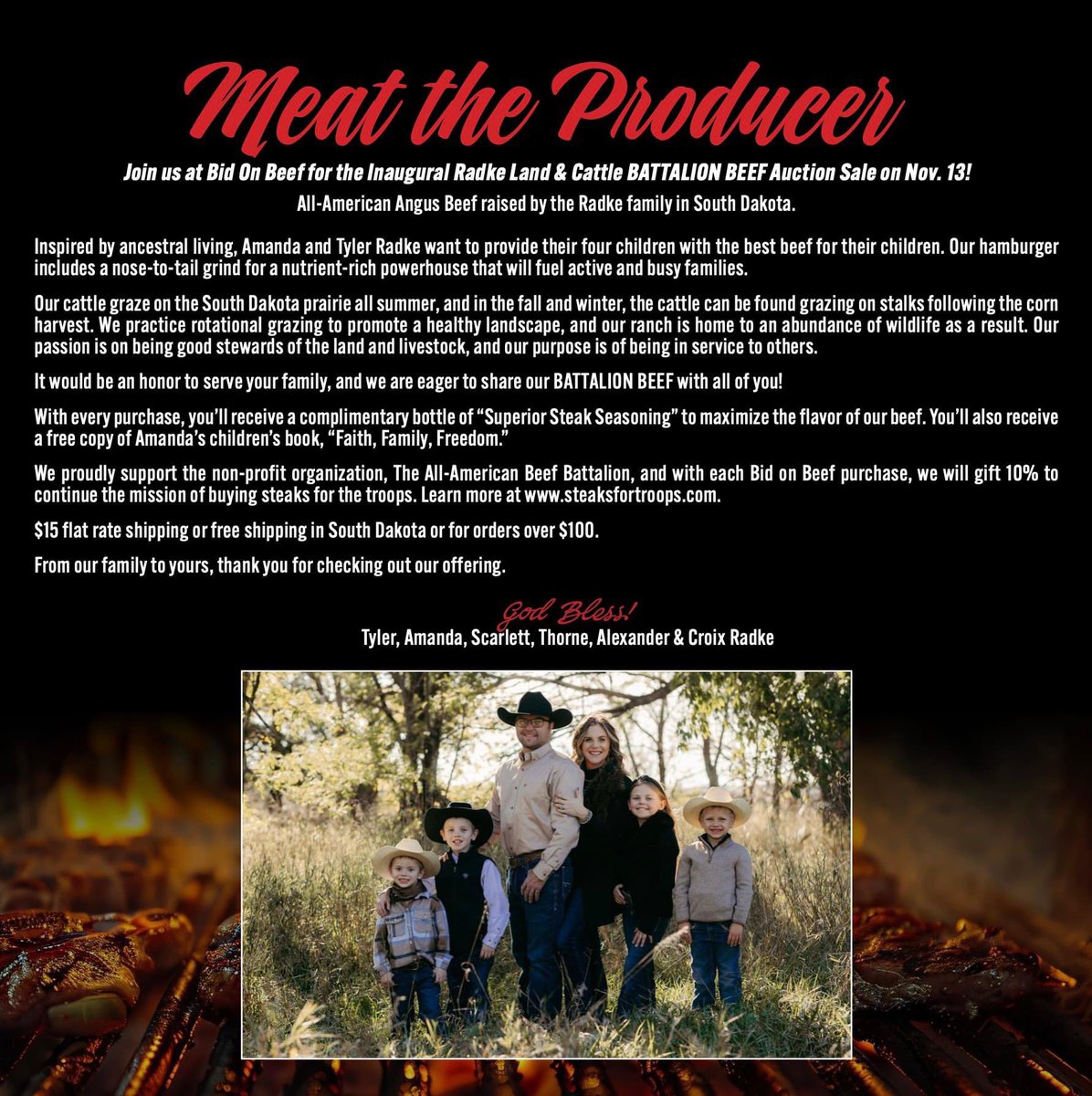 RadkeAmanda's tweet image. EARLY ACCESS to the Radke Land &amp;amp; Cattle BATTALION BEEF Auction Starts Now!

All-American Angus Beef raised in the heart of South Dakota!

ONE DAY ONLY! Bid here: bidonbeef.com/auctions/upcom… 

#Angus #Beef #AngusBeef #USABeef #CookingAtHome #Grilling #SupportLocal #ShopSmall