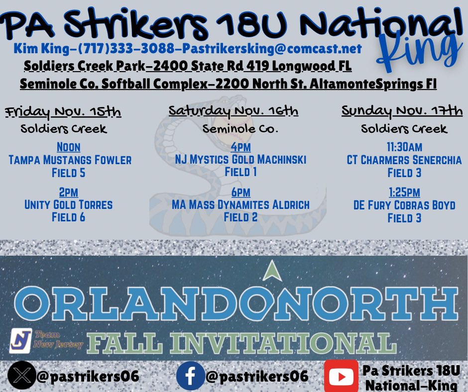 Orlando Scheduled!!! Can’t wait to play with my girls!🍊<a href="/Pastrikers06/">PA Strikers 18U National - King</a> <a href="/03_strikers/">PA Strikers 18U National Hayes</a> <a href="/CoachSii/">Sarah Sigrest Caffrey</a> <a href="/biankabell27/">Bianka Bell</a> <a href="/CoachCuz3/">Shellie Cousins</a> <a href="/cam_hutcherson/">campbell hutcherson</a> <a href="/jmrw20/">Justin Walker</a> <a href="/tsmartt14/">Taylor Smartt</a> <a href="/CoastRecruits/">Coast 2 Coast Recruits</a> <a href="/CoachBradPosner/">Brad Posner</a> @CoachCarla_Iona