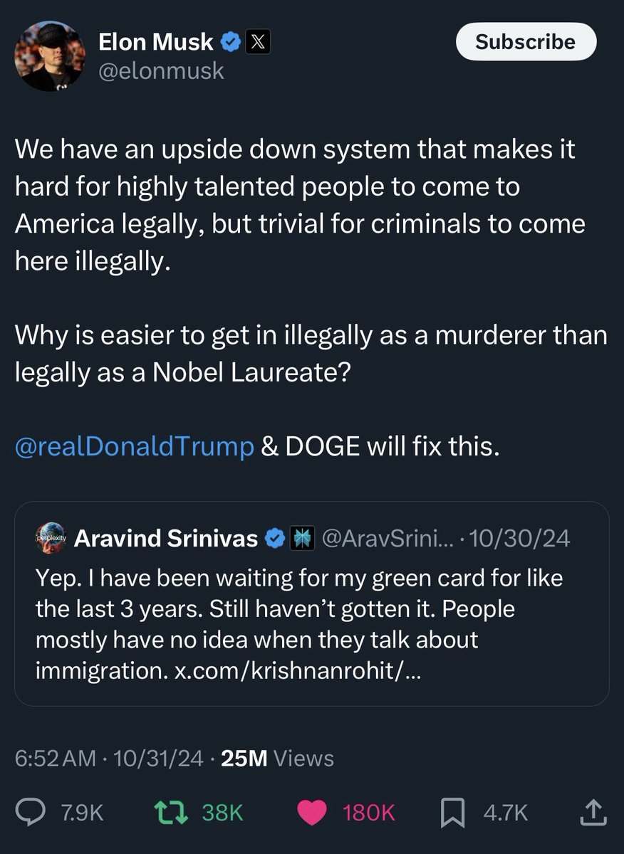 atalovesyou's tweet image. LEGAL skilled immigrants are in luck🍀 

Trump just appointment @elonmusk and @VivekGRamaswamy to run DOGE that will fix the issue. 

Legal immigration system has been completely broken. 

There are 1.8 million legal immigrants, job creators, scientists, engineers, doctors who…