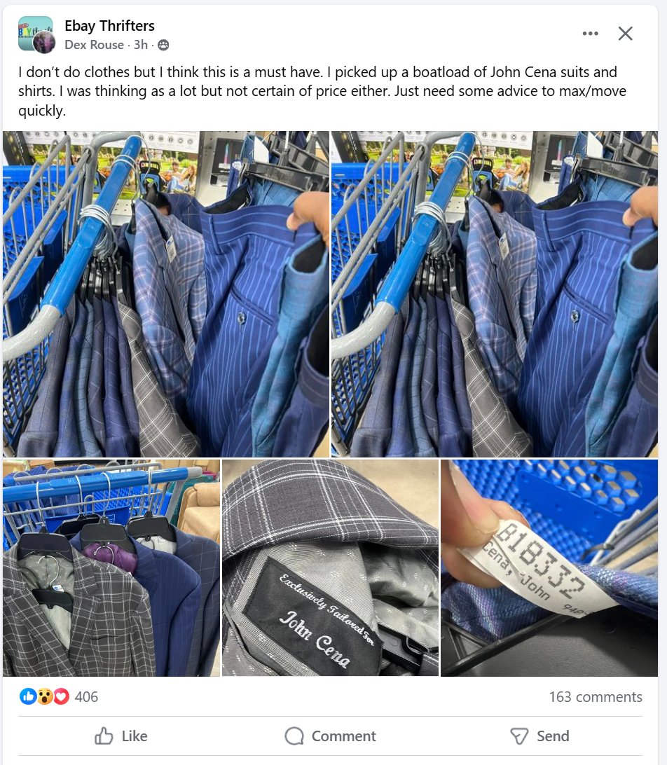 DrYoYo's tweet photo. @SeanRossSapp @Fightful - Someone found a lot of John Cena previously owned suits at a Goodwill https://t.co/UCl7PbjVgj