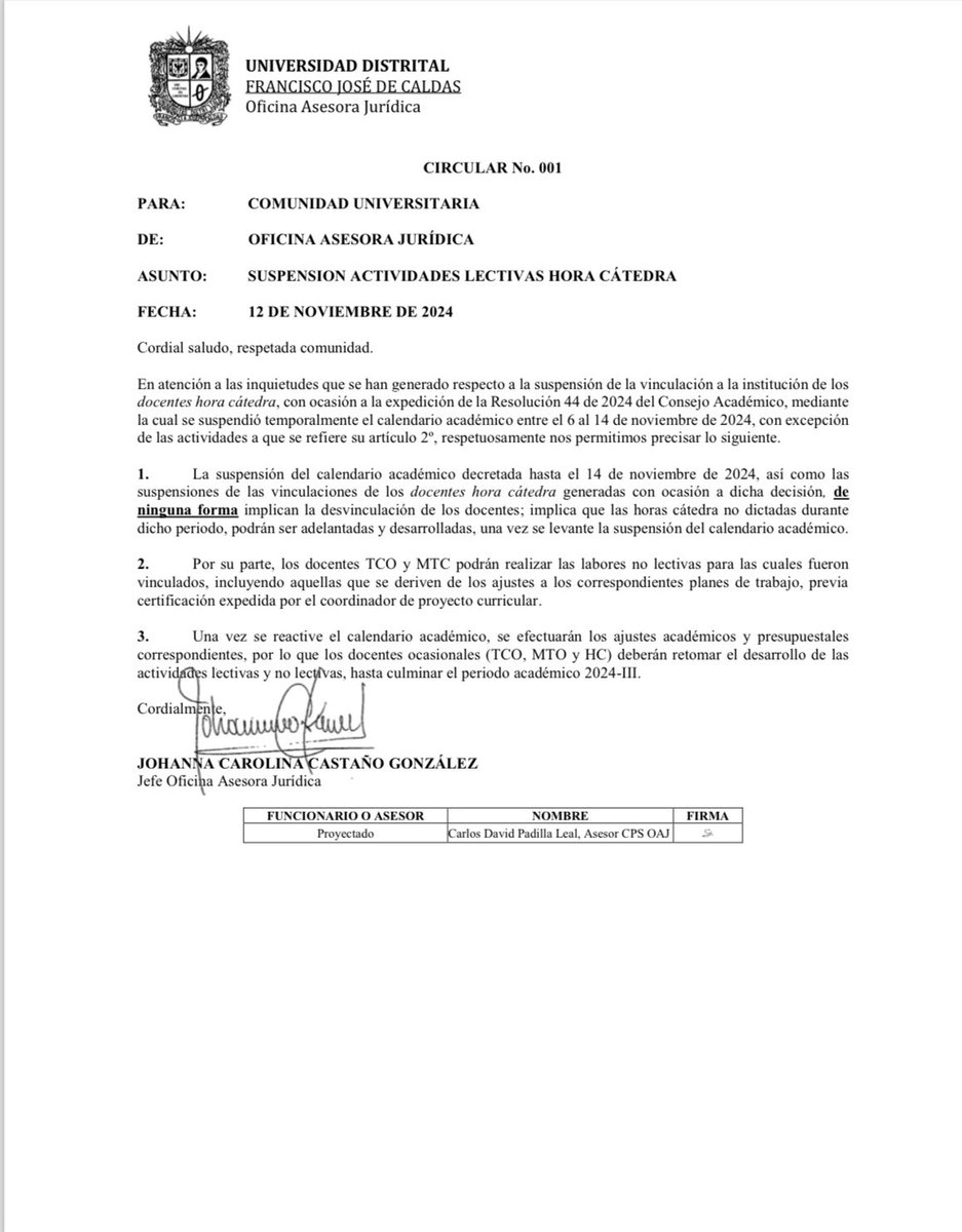Ante las inquietudes que se han generado frente a la vinculación de los docentes de Hora Cátedra en el marco de la suspensión del calendario académico, informamos que esto NO implica su desvinculación. Las actividades se retomarán una vez se reactive el calendario.