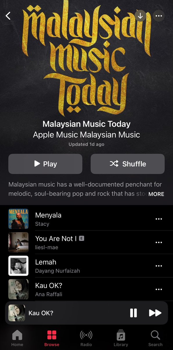 Sebelum release, saya ada cakap kuat2 kalau dapat masuk playlist kan best. Peluang untuk didengar. So, kitorg terus tadah tangan &amp; amin. 

#KauOK? dah masuk playlist yg saya  dengar dekat Apple Music. 

Alhamdulillah atas rezeki &amp; peluang yg diberi. 🤲😭❤️

Terima kasih semua!