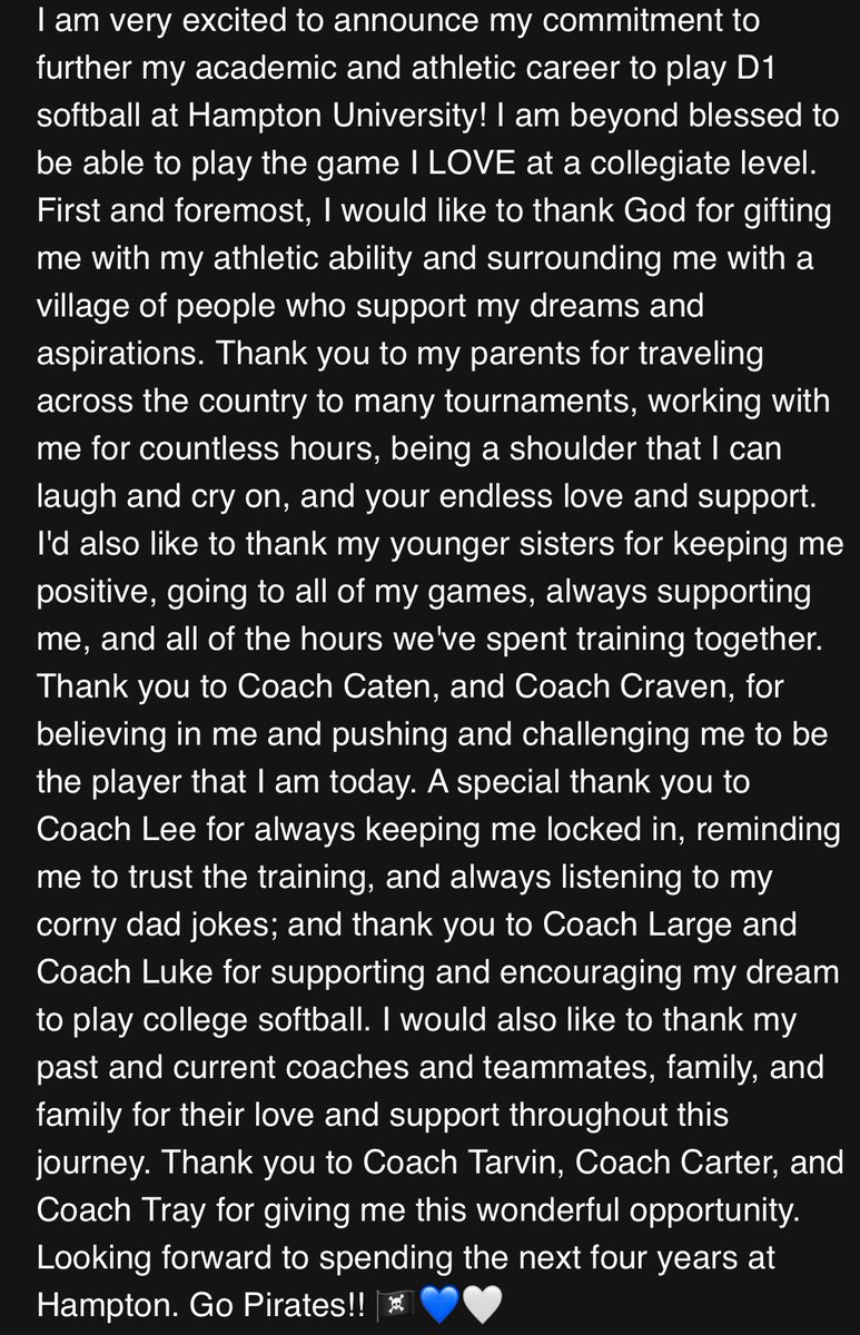 Sydney Evans (@sydneyevans2025) on Twitter photo COMMITTED!! 💙🤍 Let’s Go PIRATES!! <a href="/hupirates_sb/">Hampton Softball</a> @UNITY_BK2 <a href="/VAUnitySB/">Unity Softball</a> <a href="/CollegeBDJocks/">College Bound Jocks</a> <a href="/HBCUSoftball/">HBCU Softball</a> <a href="/MSPtakeover/">Minority Softball Prospects</a> COMMITTED!! 💙🤍 Let’s Go PIRATES!! <a href="/hupirates_sb/">Hampton Softball</a> @UNITY_BK2 <a href="/VAUnitySB/">Unity Softball</a> <a href="/CollegeBDJocks/">College Bound Jocks</a> <a href="/HBCUSoftball/">HBCU Softball</a> <a href="/MSPtakeover/">Minority Softball Prospects</a>