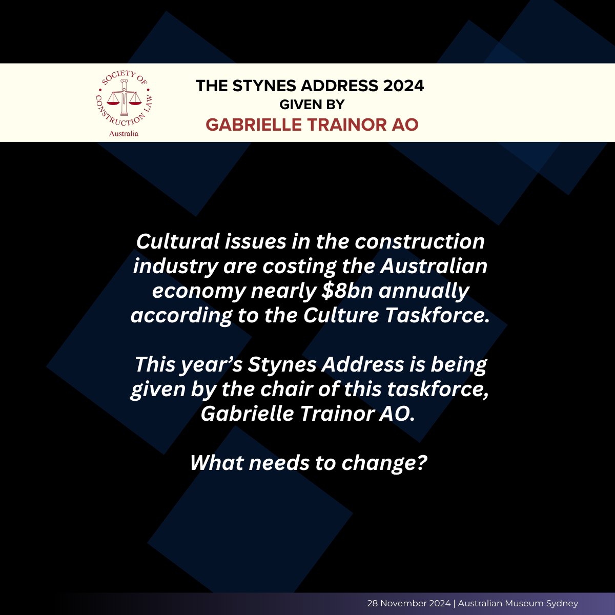SCLAust's tweet photo. Join us for this special event in the SoCLA calendar for the legal and construction fraternity. 

Thurs 28 November 2024, 5.30pm to 9.00pm 
at the iconic Australian Museum in Sydney 

Tickets available --> https://t.co/kgPrcM1zCD

#socla #soclamembers #stynesaddress #Sydney https://t.co/i1V79AtLD4