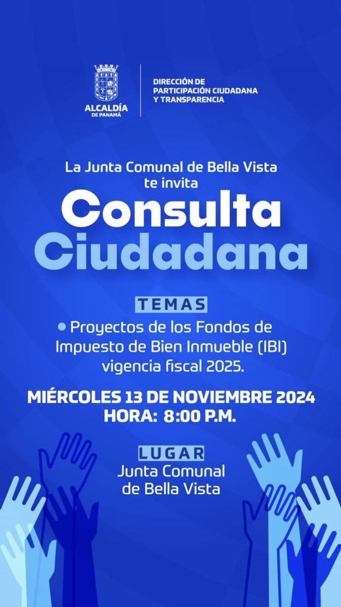 🗣️Participa y haz oír tu opinión. 💬

Las votaciones en línea para la Consulta Ciudadana sobre los Proyectos IBI 2025 se habilitan a las 12:00 AM. 🕛

Ingresa aquí:
🔗 participacion.mupa.gob.pa