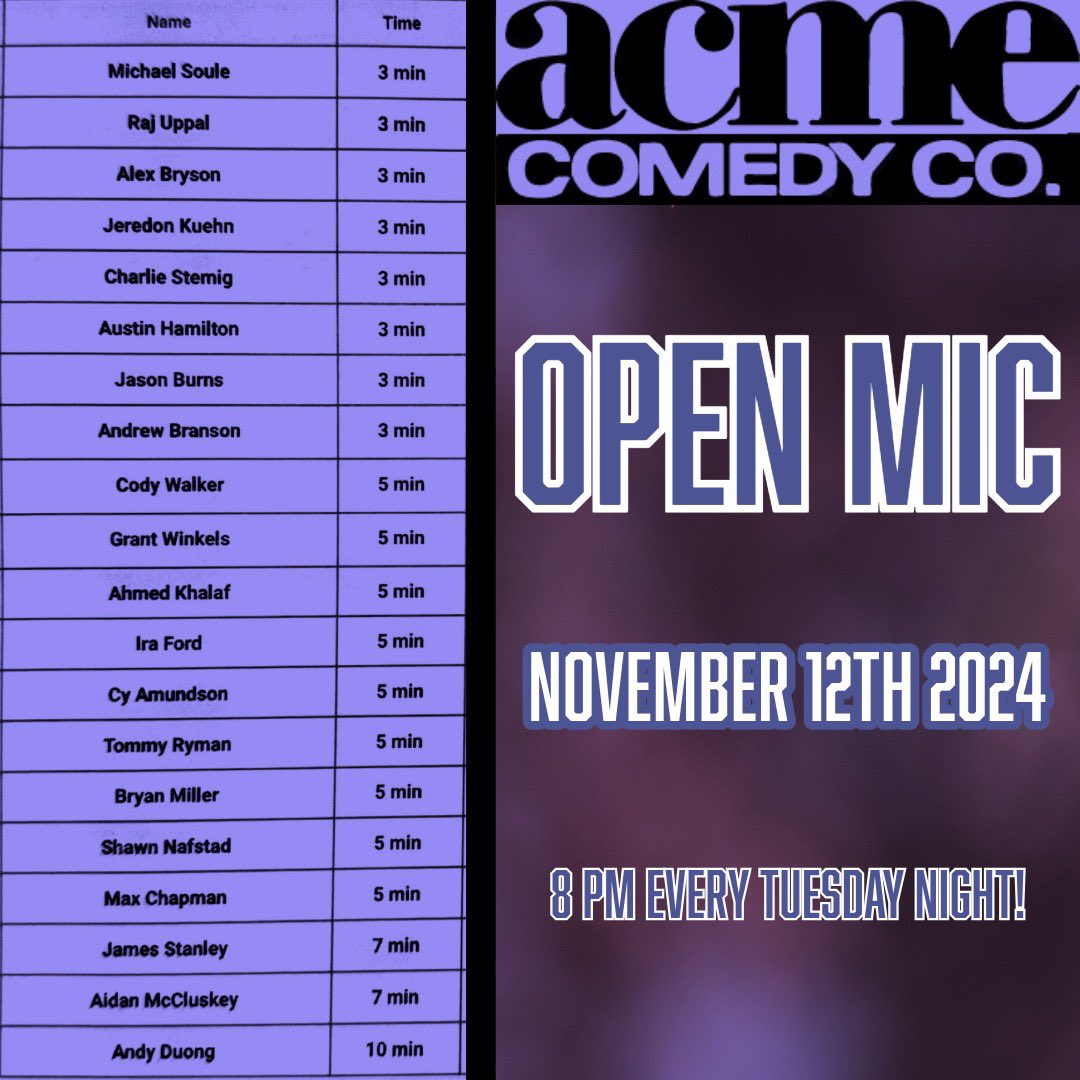 AcmeComedyCo's tweet photo. It’s Acme’s #openmicnight featuring the best and brightest in local comic talents!
Come see the show free of charge every Tuesday night in the heart of Minneapolis’s Historic North Loop neighborhood!
#standup #funny #northloopmpls #standupcomedy #minneapolis #nightout https://t.co/eipcHgy7UN
