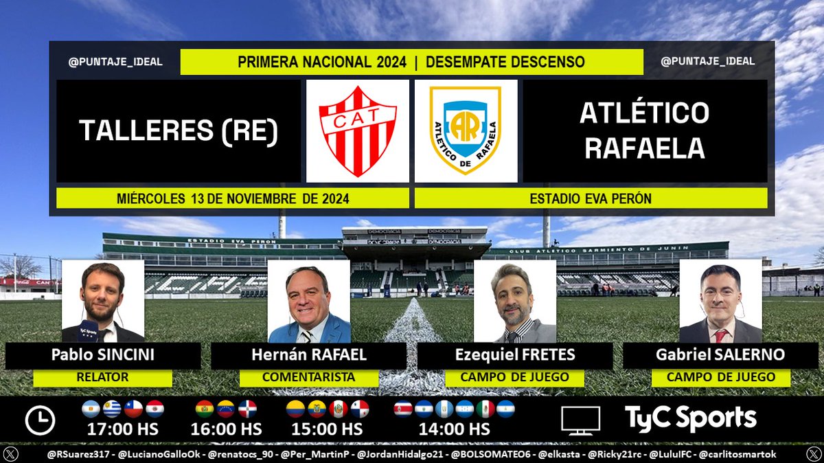 Puntaje Ideal (@puntaje_ideal) on Twitter photo β½ #PrimeraNacional π¦π· | #TalleresRE vs. #AtlΓ©ticoRafaela
π Relator: Pablo Sincini
π Comentarista: HernΓ‘n Rafael
π Campo de juego: Ezequiel Fretes y
<a href="/salernogabi/">Gabriel Salerno</a>
πΊ <a href="/TyCSports/">TyC Sports</a> π¦π· y <a href="/TyCSports/">TyC Sports</a> Internacional
π»π±<a href="/TyCSportsPlay/">TyC Sports Play</a> π¦π·
π€³π»#NacionalEnTyCSports
DaleΒ RTΒ π β½ #PrimeraNacional π¦π· | #TalleresRE vs. #AtlΓ©ticoRafaela
π Relator: Pablo Sincini
π Comentarista: HernΓ‘n Rafael
π Campo de juego: Ezequiel Fretes y
<a href="/salernogabi/">Gabriel Salerno</a>
πΊ <a href="/TyCSports/">TyC Sports</a> π¦π· y <a href="/TyCSports/">TyC Sports</a> Internacional
π»π±<a href="/TyCSportsPlay/">TyC Sports Play</a> π¦π·
π€³π»#NacionalEnTyCSports
DaleΒ RTΒ π