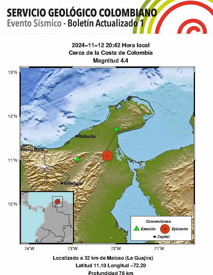 sgcol's tweet photo. #SismosColombiaSGC Evento Sísmico - Boletín Actualizado 1, 2024-11-12, 20:42 hora local Magnitud 4.4, Profundidad 76 km, Cerca de la Costa de Colombia ¿Sintió este sismo? repórtelo https://t.co/pgC7OC2O7j https://t.co/63pt8nVsSe #NoticiaEnDesarrollo #Temblor #Sismo https://t.co/iTlsXA7nJw
