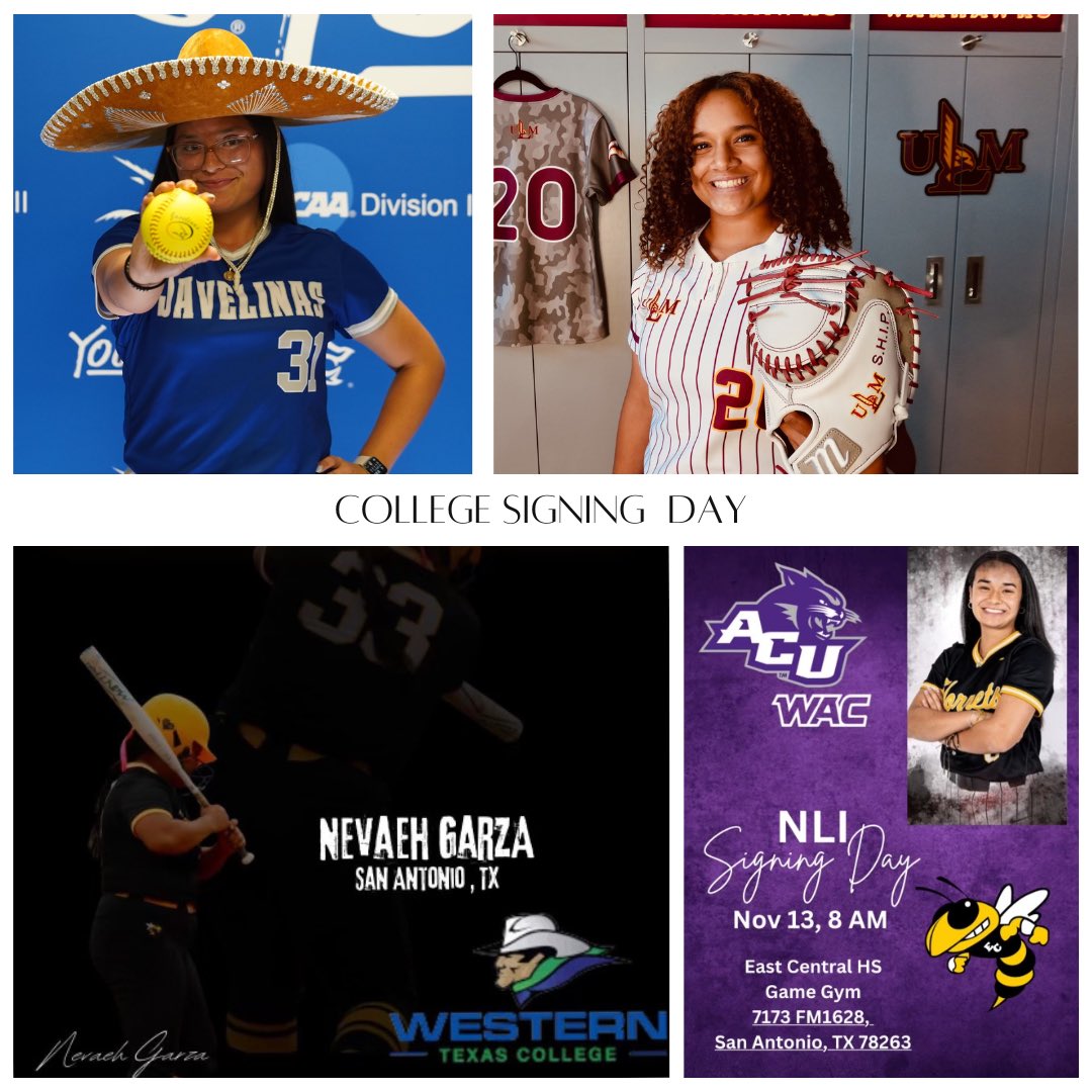 Join us in the Game Gym at 8am for College Signing Day! 
🥎Isa Hernandez -A&amp;M Kingsville  
🥎Kyana Lipardo -Abilene Christian University  
🥎Nevaeh Garza -Western Texas College 
🥎Tessie Harrison -University of Louisiana Monroe
<a href="/ECISDtweets/">East Central ISD</a> <a href="/ArriolaSuzette/">Suzette Arriola</a> <a href="/maggiwelham/">Coach Welham</a>