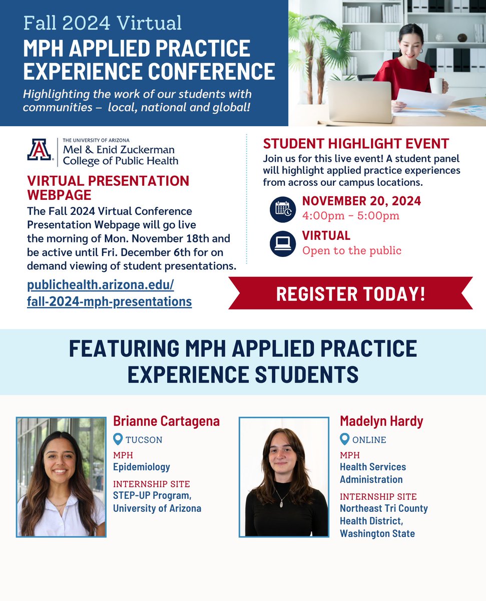 UAZPublicHealth's tweet image. Don’t miss the Fall 2024 Virtual MPH Applied Practice Experience Conference on November 20th, 4-5 pm! Register: bit.ly/4fK0l49
Hear from our students about the value of their internship experiences! Web viewing available Nov 18 - Dec 6. #Internships #AppliedPractice