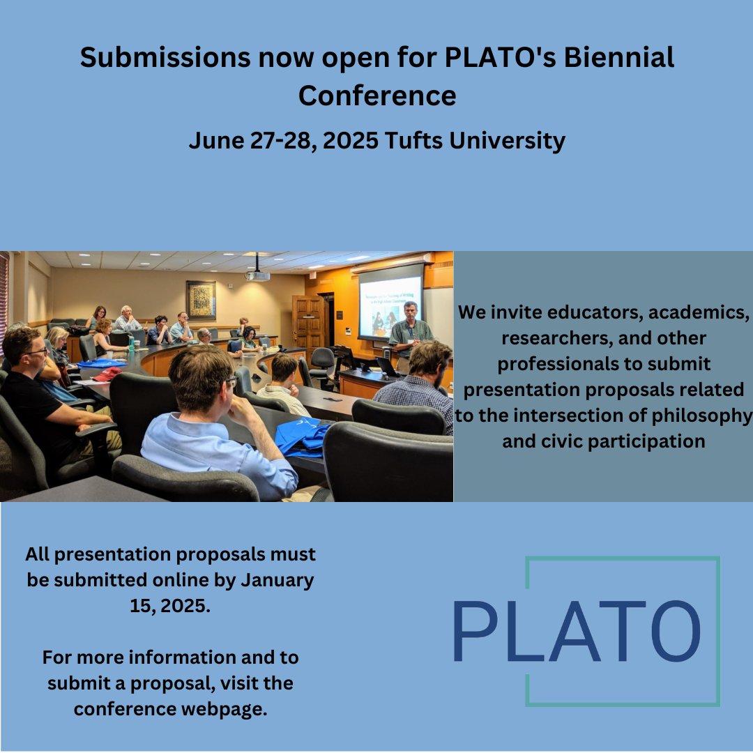 Submissions are now open for our 2025 Conference! We are looking for proposals related to philosophy and civic participation. 

Learn more and submit your proposal at: plato-philosophy.org/plato-conferen…