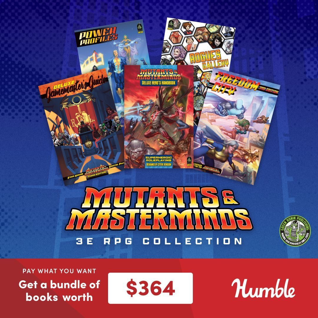 Just 3 days left for the Mutants &amp; Masterminds 3e Humble RPG Bundle! Get 19 books, just $18 dollars! Worth $364, this bundle has rulebooks, sourcebooks, campaign resources and more! Name your price, and support World Central Kitchen! tinyurl.com/MandM3eHumbleB…