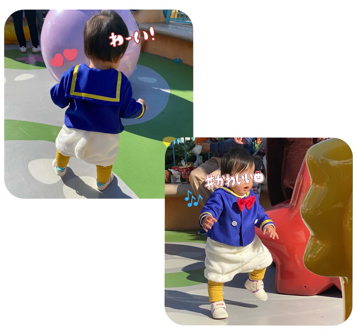 み、みなさま〜〜先日ぴよが、、
1歳になりました！！！㊗️🎉👏
手作りドナルド着てもらってディズニーも行ってきたヨ！！！🏰✨ｶﾜｲｶｯﾀ~~😭